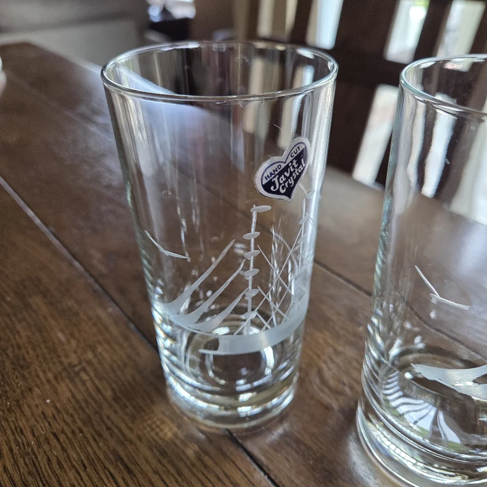 Mid Century Sailboat Highball Glasses Javit Handcut Crystal Original Sticker